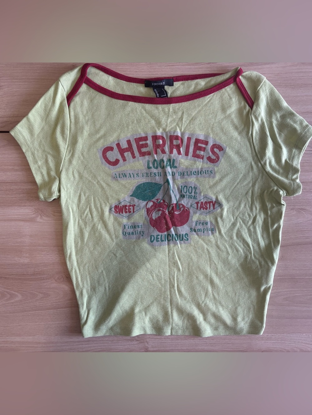 Forever 21 Yellow Cherries Local Graphic Ringer Crop Top - Size Large